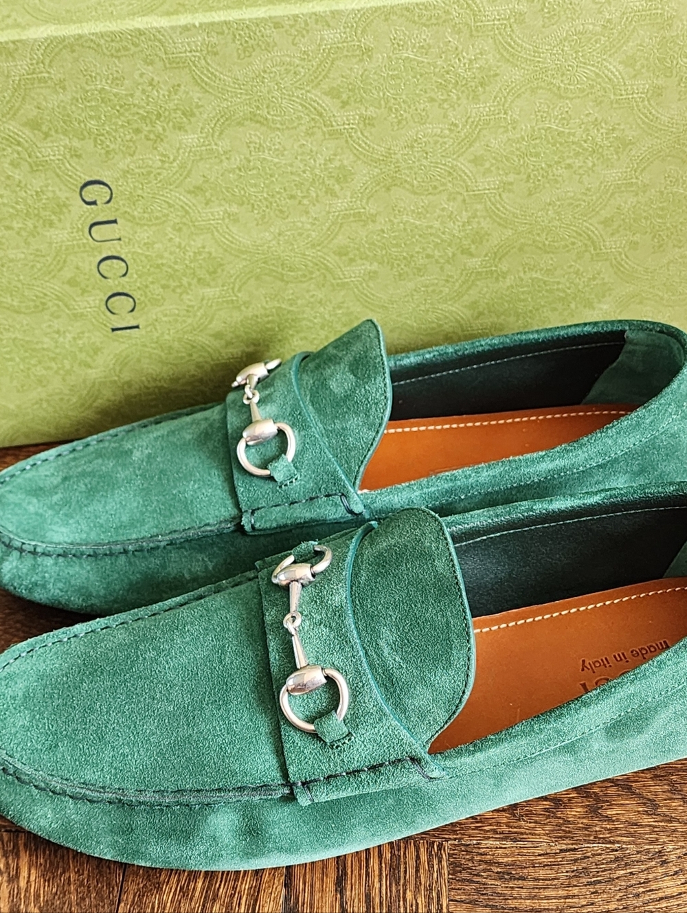 $950 Brand New Gucci GG Men's Vintage Green Suede Driver Loafers G 12 US 12.5